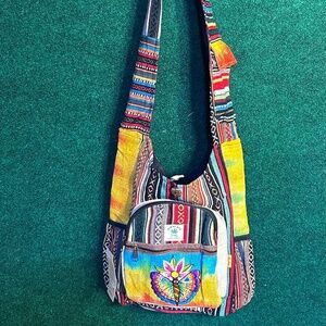NWT Boho Hemp Butterfly Flower Hand Embroidered Tie Dye Crossbody Bag